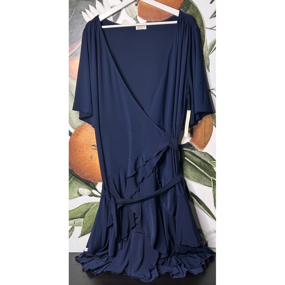 Kiyonna 1X Dress Whimsy Navy Ruffle 3/4 Sleeve Wrap Dress NWT